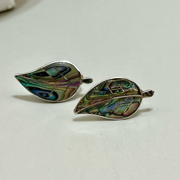 Leaf-Shaped Abalone Shell Sterling Silver Earrings - Picture 2 of 3